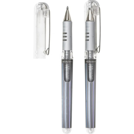 Zwei schwarze Gelstifte mit klaren Kappen, eine Kappe abgenommen, beide Stifte stehen aufrecht.