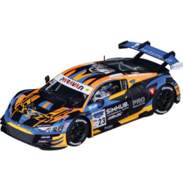 Blau-orangefarbener Rennwagen mit Sponsorlogos und der Nummer 23 an Seite und Dach, schräg betrachtet.