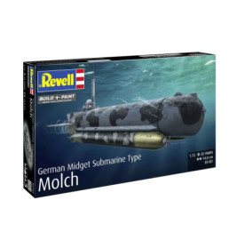 Revell-Bausatz für deutsches Kleinst-U-Boot Typ Molch mit Unterwasser-Illustration des Boots.