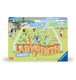 Bluey Labyrinth Junior: Spieleschachtel mit Hundefiguren und grünem Labyrinth auf dem Cover.