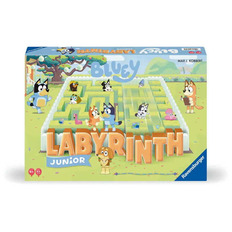 Bluey Labyrinth Junior: Spieleschachtel mit Hundefiguren und grünem Labyrinth auf dem Cover.
