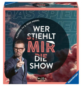 Ein Mann mit Brille zeigt auf die Wer stiehlt mir die Show?-Box mit Schriftzug und Wolken.