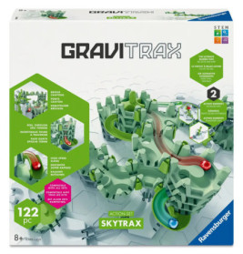 GraviTrax Skytrax Set mit grünen Schienenteilen, Murmeln und 122 Teilen abgebildet.