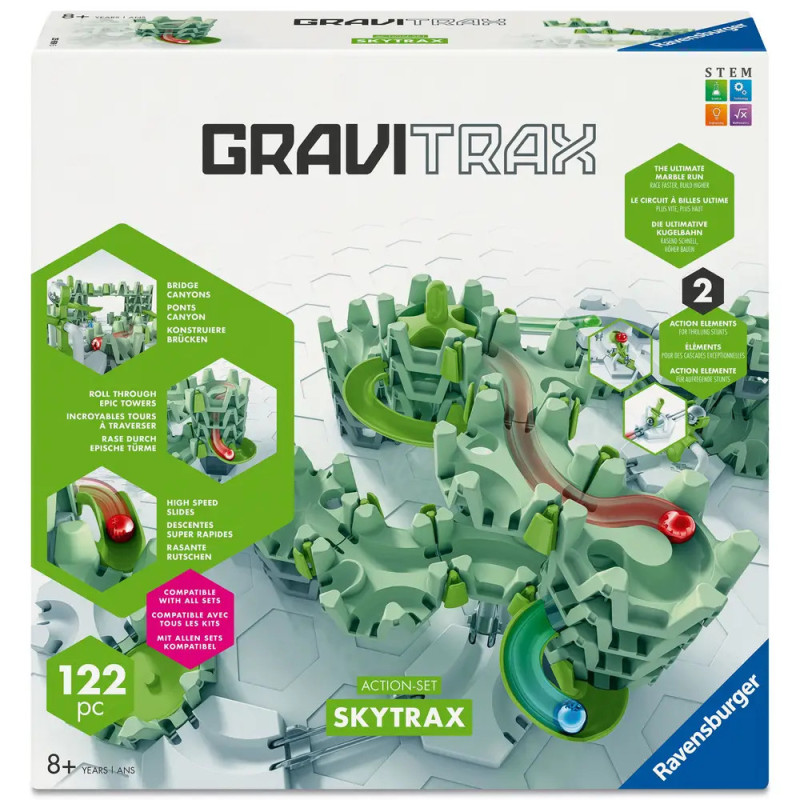 GraviTrax Skytrax Set mit grünen Schienenteilen, Murmeln und 122 Teilen abgebildet. GraviTrax Skytrax Set mit grünen Schienenteilen, Murmeln und 122 Teilen abgebildet.