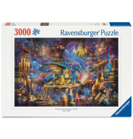 Ravensburger Puzzle, 3000 Teile, mit buntem Drachen in einem magischen, vollen Fantasieraum.