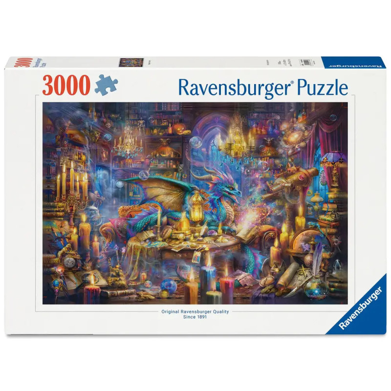 Ravensburger Puzzle, 3000 Teile, mit buntem Drachen in einem magischen, vollen Fantasieraum.