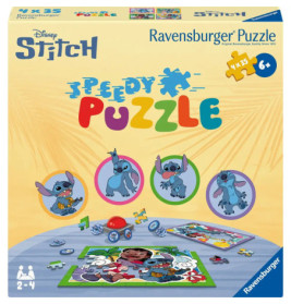 Disney Stitch Ravensburger Speedy Puzzle mit Stitch-Figuren und Puzzleteilen auf einem Tisch.
