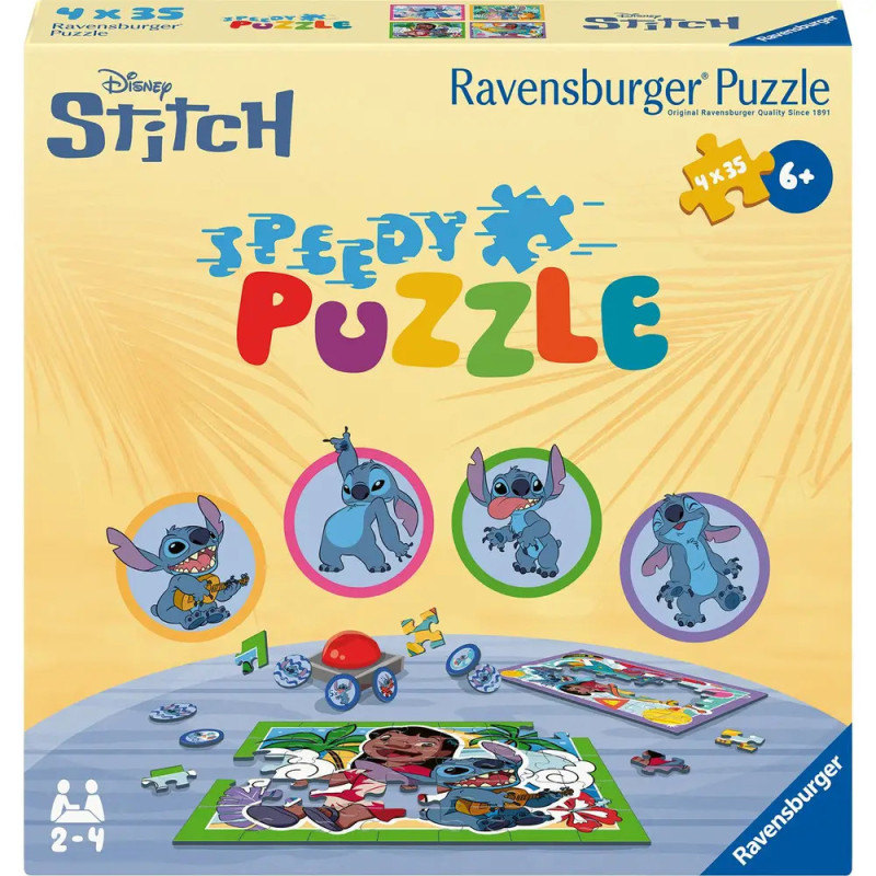 Disney Stitch Ravensburger Speedy Puzzle mit Stitch-Figuren und Puzzleteilen auf einem Tisch.