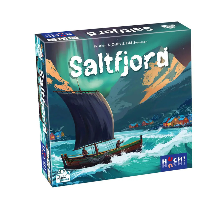 Saltfjord-Spielbox mit Wikingerschiff auf dem Wasser, Bergen und bunten Häusern im Hintergrund.