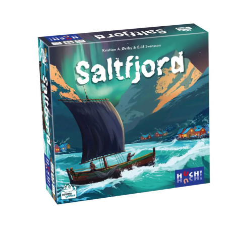 Saltfjord-Spielbox mit Wikingerschiff auf dem Wasser, Bergen und bunten Häusern im Hintergrund.