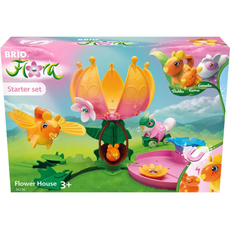 Brio Flora Flower House Starterset mit bunten Tierfiguren und blumigen Spielfiguren in der Box.