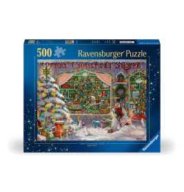 Ravensburger Puzzle, 500 Teile, zeigt eine festliche Weihnachtsszene mit Baum vor einem Geschäft.