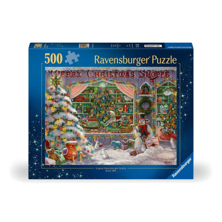 Ravensburger Puzzle, 500 Teile, zeigt eine festliche Weihnachtsszene mit Baum vor einem Geschäft.