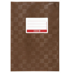 Braunes kariertes Notizbuch mit weißem Beschriftungsfeld und rotem Rand auf dem Deckel.