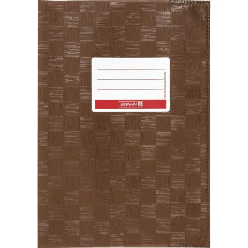 Braunes kariertes Notizbuch mit weißem Beschriftungsfeld und rotem Rand auf dem Deckel.