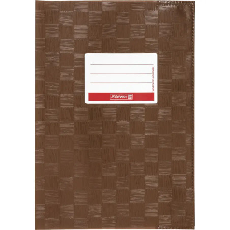 Braunes kariertes Notizbuch mit weißem Beschriftungsfeld und rotem Rand auf dem Deckel.