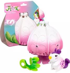 BRIO Blumenhaus-Spielset mit weiß-rosa Kuppel, Tierfigur und Pflanzenteil.
