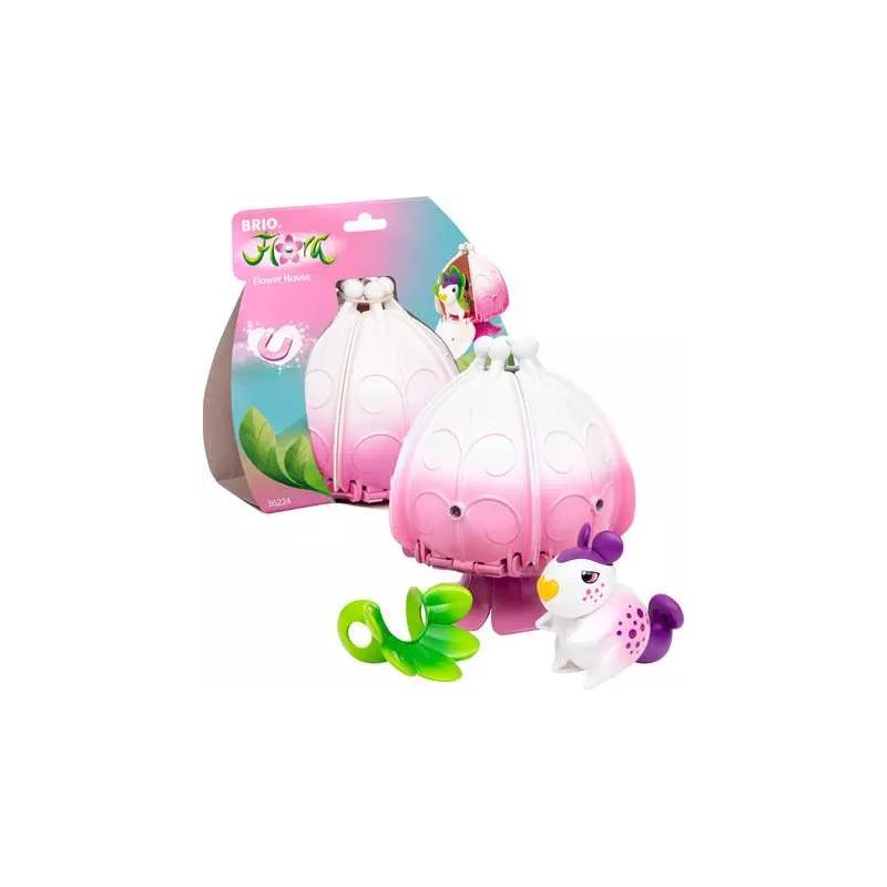BRIO Blumenhaus-Spielset mit weiß-rosa Kuppel, Tierfigur und Pflanzenteil.