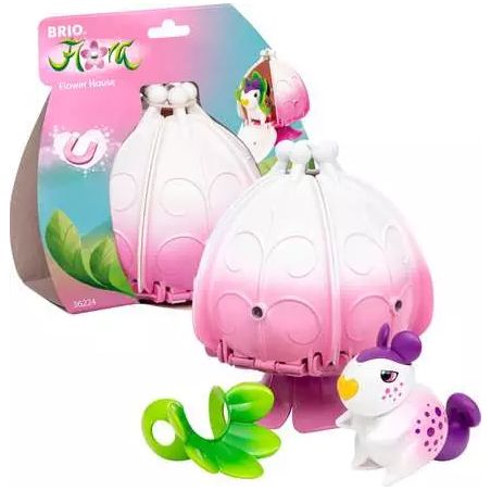 BRIO Blumenhaus-Spielset mit weiß-rosa Kuppel, Tierfigur und Pflanzenteil.