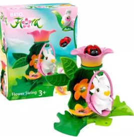 Buntes BRIO Blumen-Schaukelspielzeug mit Tierfiguren neben der farbigen Verpackung.