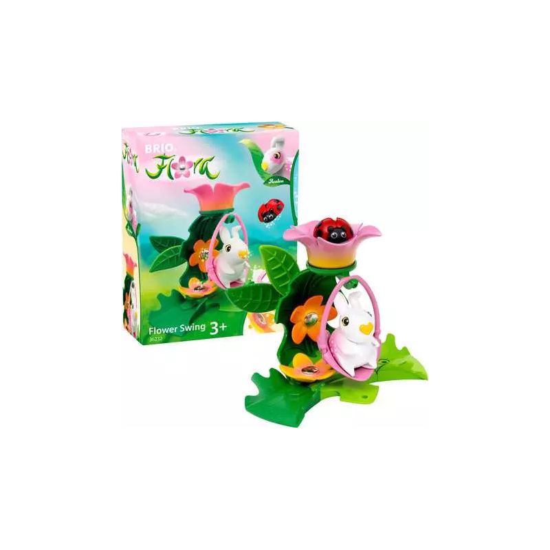 Buntes BRIO Blumen-Schaukelspielzeug mit Tierfiguren neben der farbigen Verpackung. Buntes BRIO Blumen-Schaukelspielzeug mit Tierfiguren neben der farbigen Verpackung.