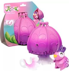 Lila blumenförmiges Spielzeug mit kleinem pinken Vogel und Verpackung im Hintergrund.