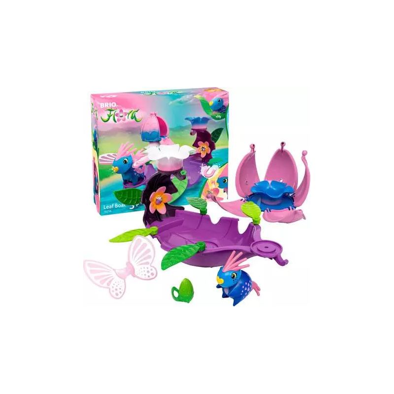 Buntes Brio-Spielset mit Blumen-, Schmetterlings- und Blätterteilen neben passender Box.