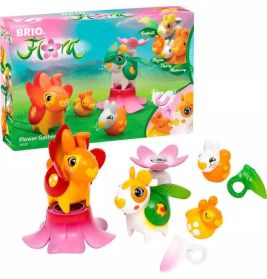 Buntes Brio-Blumenspielzeug mit Tierfiguren und Blumenformen, die Verpackung ist im Hintergrund zu sehen.