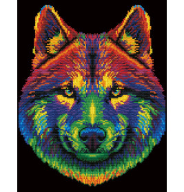 Pixelart-Wolfkopf mit Regenbogenverlauf auf schwarzem Hintergrund.