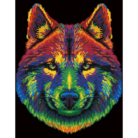 Pixelart-Wolfkopf mit Regenbogenverlauf auf schwarzem Hintergrund.