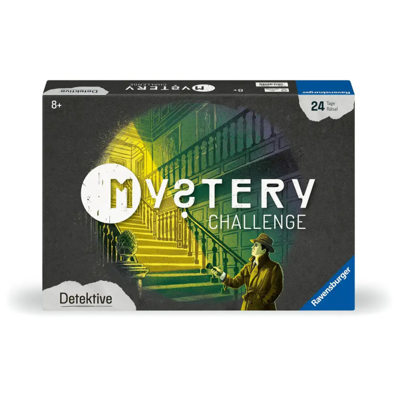 Detektiv mit Lupe steht am Fuß einer Treppe im Spiel Box of Mystery Challenge.