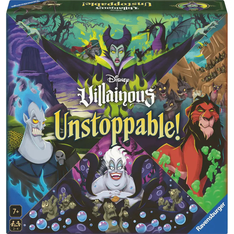 Schachtel des Spiels Disney Villainous: Unstoppable! mit Maleficent, Ursula, Hades und Scar auf dem Cover.