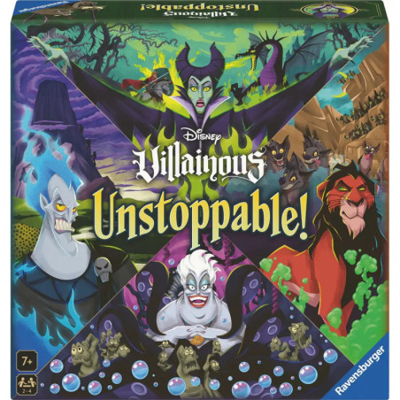 Schachtel des Spiels Disney Villainous: Unstoppable! mit Maleficent, Ursula, Hades und Scar auf dem Cover.
