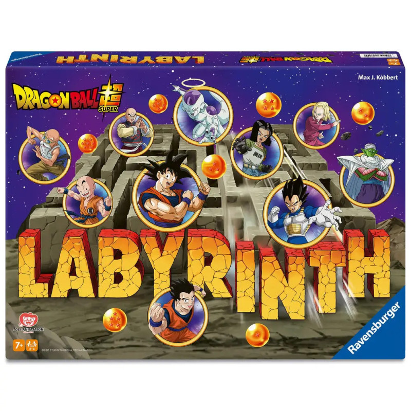 Schachtel des Dragon Ball Super Labyrinth-Spiels mit Figuren und Dragon Balls vor lila Sternenhintergrund.