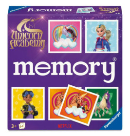 Purple Unicorn Academy Memory-Spiel mit Einhörnern und Figuren aus der Netflix-Serie auf der Verpackung.