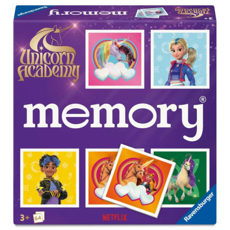 Purple Unicorn Academy Memory-Spiel mit Einhörnern und Figuren aus der Netflix-Serie auf der Verpackung. Purple Unicorn Academy Memory-Spiel mit Einhörnern und Figuren aus der Netflix-Serie auf der Verpackung.