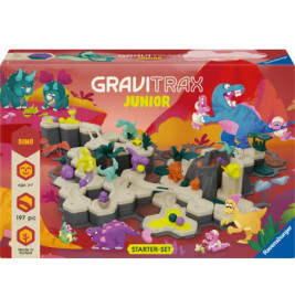 Gravitrax Junior Dino Starterset mit bunten Dino-Illustrationen und Murmelbahn auf der Verpackung.