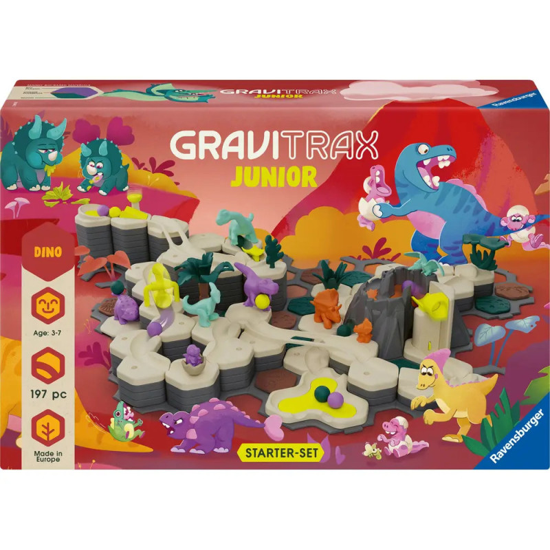 Gravitrax Junior Dino Starterset mit bunten Dino-Illustrationen und Murmelbahn auf der Verpackung.
