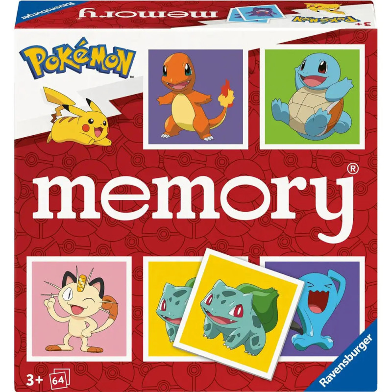 Rote Pokémon-Memory-Spielbox mit den Bildern von Pikachu, Glumanda, Schiggy, Mauzi, Bisasam und Woingenau. Rote Pokémon-Memory-Spielbox mit den Bildern von Pikachu, Glumanda, Schiggy, Mauzi, Bisasam und Woingenau.