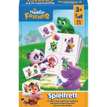 Bunte Spieltreff-Box mit Tiermotiven, Karten, ab 3 Jahren, für 2-4 Spieler von Thinkfun Friends.