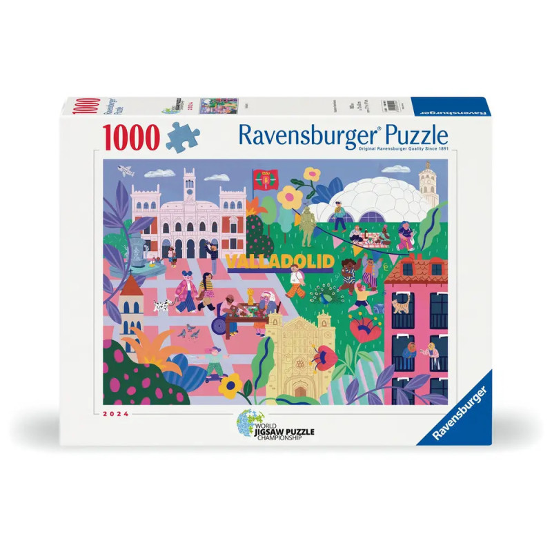 Ravensburger Puzzle mit 1000 Teilen und bunter Illustration von Wahrzeichen und Blumen aus Valladolid.
