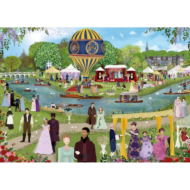 Gartenfest im Regency-Stil mit kostümierten Gästen, Heißluftballon, Fluss und Zelten im Park.