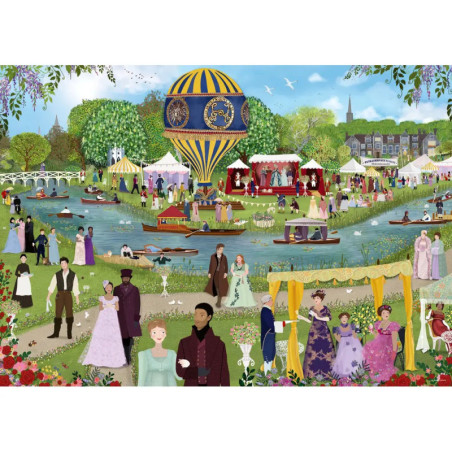 Gartenfest im Regency-Stil mit kostümierten Gästen, Heißluftballon, Fluss und Zelten im Park.