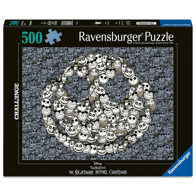 500-teiliges Ravensburger Puzzle mit Figuren aus The Nightmare Before Christmas im Spiraldesign. 500-teiliges Ravensburger Puzzle mit Figuren aus The Nightmare Before Christmas im Spiraldesign.