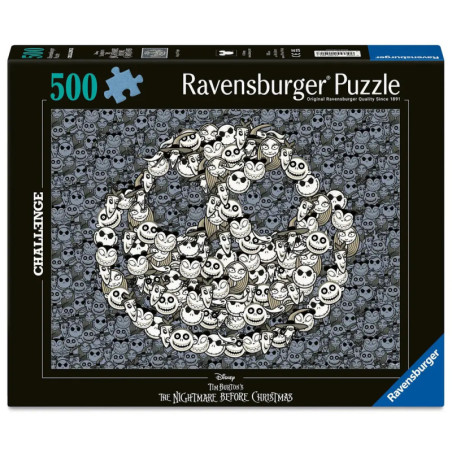 500-teiliges Ravensburger Puzzle mit Figuren aus The Nightmare Before Christmas im Spiraldesign. 500-teiliges Ravensburger Puzzle mit Figuren aus The Nightmare Before Christmas im Spiraldesign.