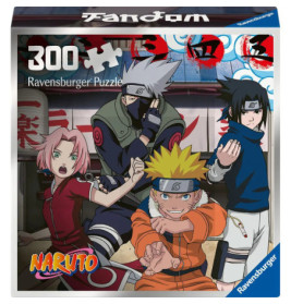 Schachtel mit 300-Teile-Naruto-Puzzle, zeigt Naruto, Sasuke, Sakura und Kakashi in Actionpose.