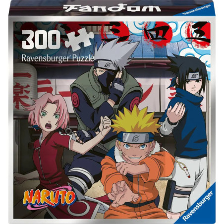 Schachtel mit 300-Teile-Naruto-Puzzle, zeigt Naruto, Sasuke, Sakura und Kakashi in Actionpose.