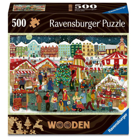 500-teiliges Ravensburger Holz-Puzzle mit farbenfroher Weihnachtsmarktszene, Menschen und Ständen. 500-teiliges Ravensburger Holz-Puzzle mit farbenfroher Weihnachtsmarktszene, Menschen und Ständen.