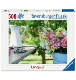 Ravensburger Puzzle, 500 Teile: Blumenszene mit Strauß und weißem Krug auf Holztisch.