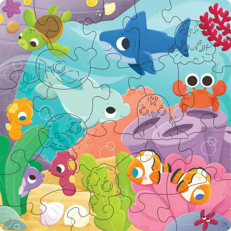 Bunte Comic-Meerestiere wie Hai, Krabbe, Schildkröte und Clownfisch in einem Unterwasser-Puzzle. Bunte Comic-Meerestiere wie Hai, Krabbe, Schildkröte und Clownfisch in einem Unterwasser-Puzzle.